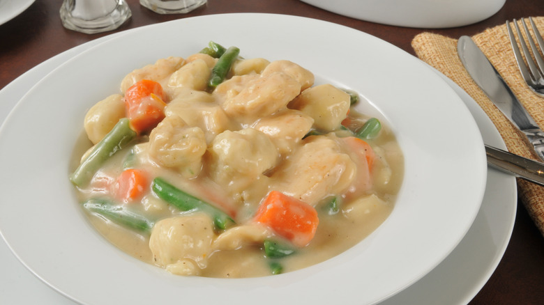 bowl of chicken and dumplings