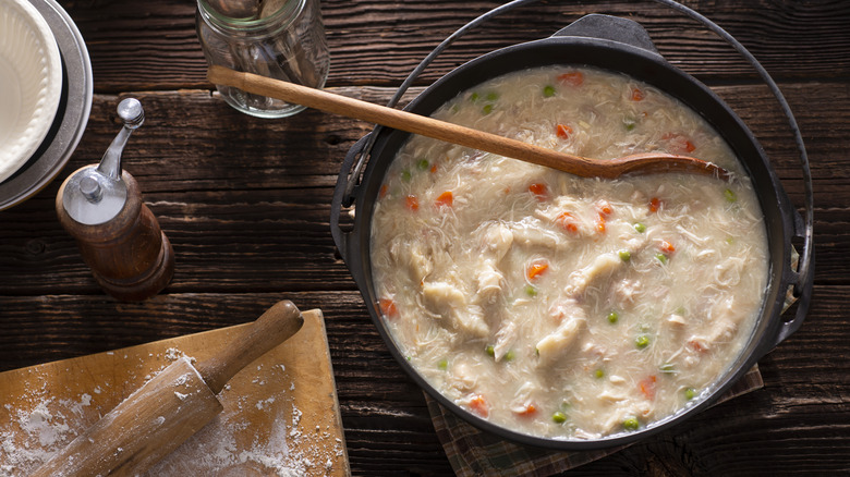 pot of chicken and dumplings