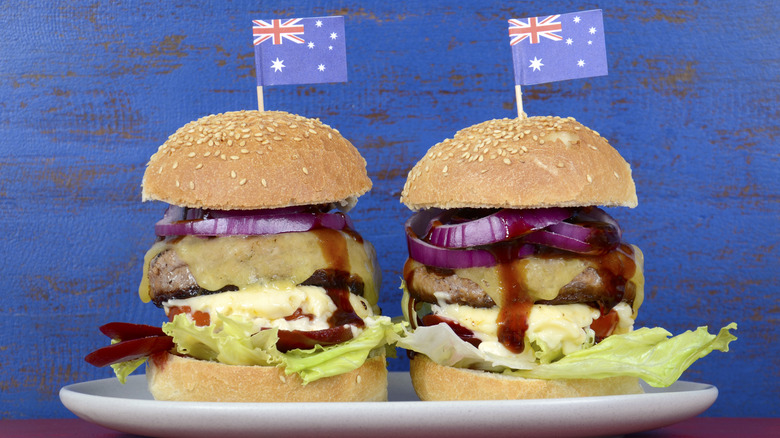 beef burger with australian flag on wooden skewer