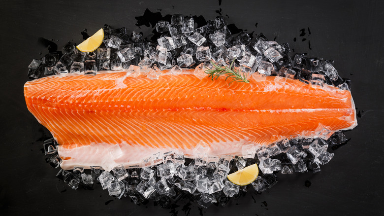 frozen raw salmon filet on ice on dark background