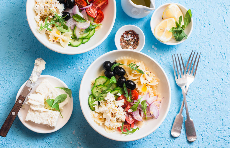 Bowtie Pasta Salad With Sun-Dried Tomatoes, Black Olives, Feta, and Spinach