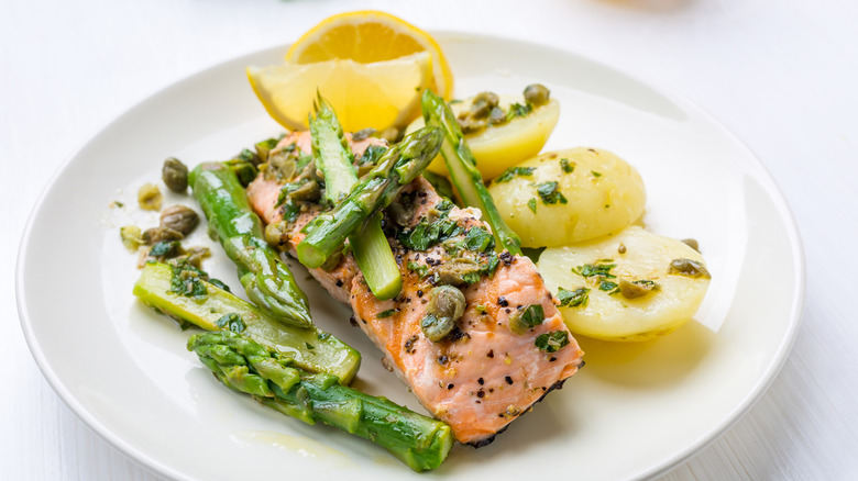 Salmon served on plate