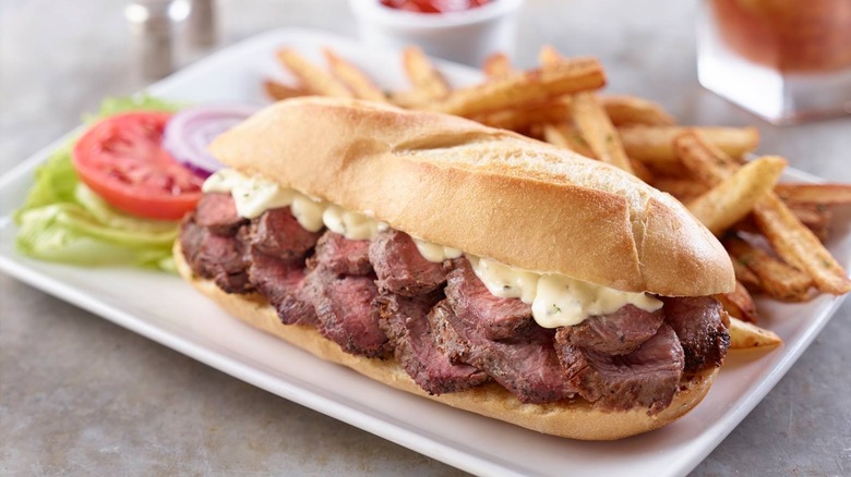 steak sandwich on paper