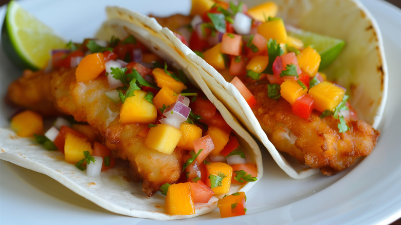 Close up of two fried fish tacos