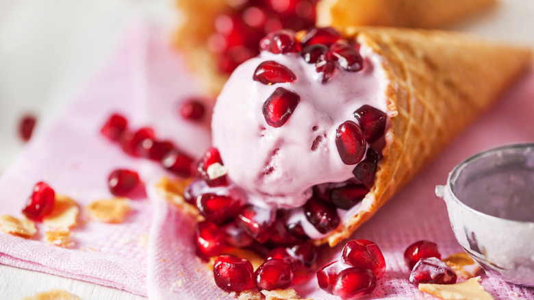 Pomegranate seeds on ice cream