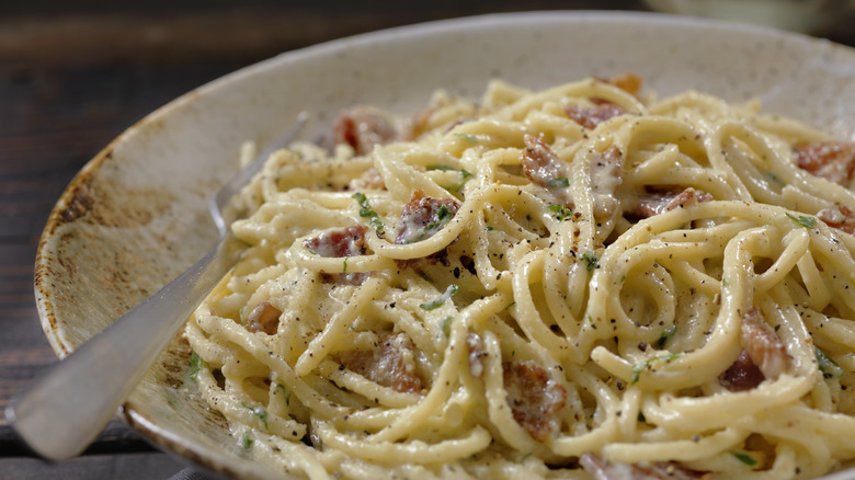 Bowl of bucatini carbonara