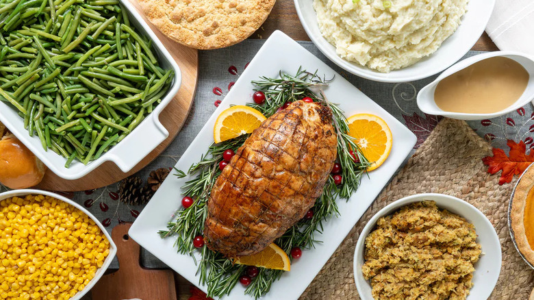 Roast turkey breast and sides