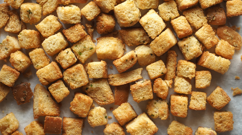 close up of crispy golden croutons