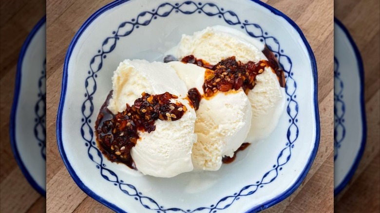 Chili crisp on vanilla ice cream