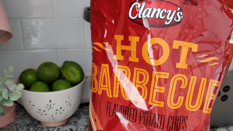 Close-up of a bag of Clancy's potato chips 