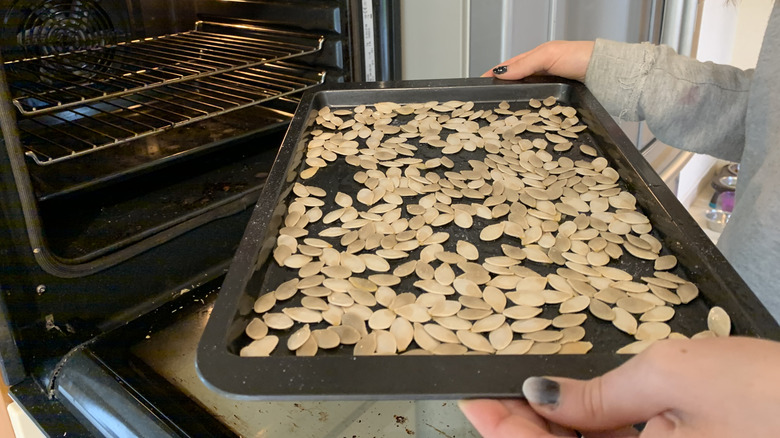 Roasting pumpkin seeds on a baking pan