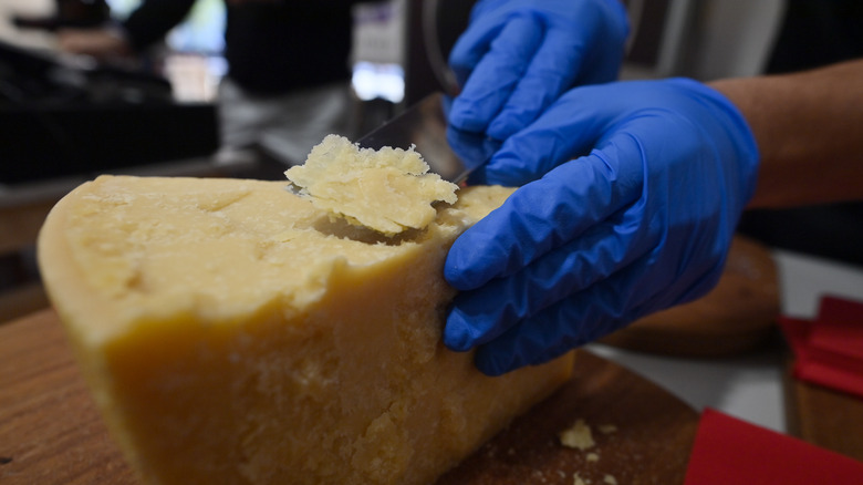 Person cutting wedge of parmesan