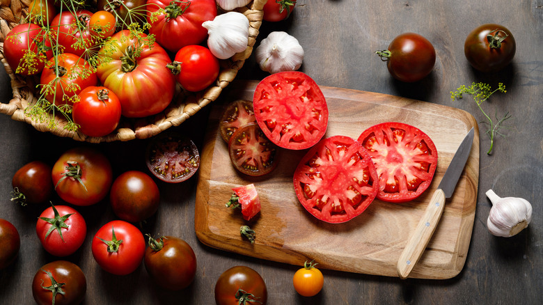 Sliced tomatoes on counter