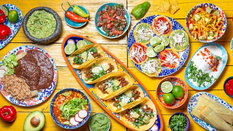 Colorful dishes of Mexican food