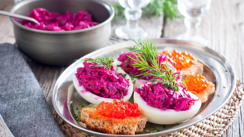 Deviled eggs with beets
