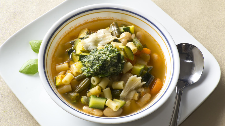 Soup topped with French pesto 