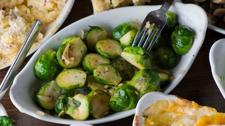 vibrant brussel sprouts in casserole dish