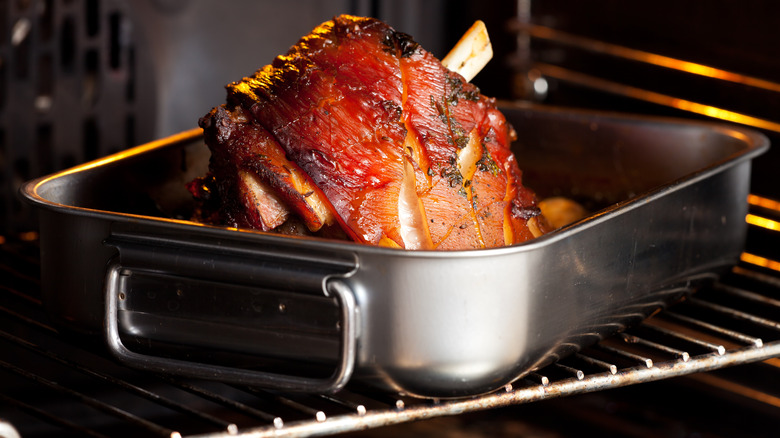 ham baking in an oven