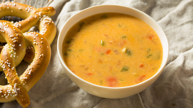 soft pretzels next to bowl of soup