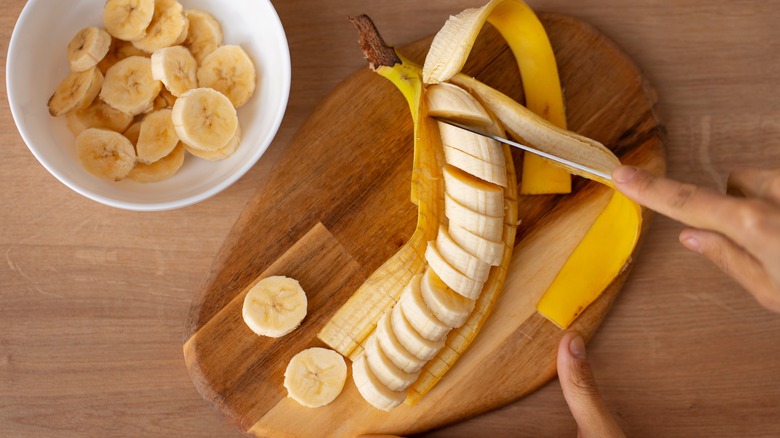 Banana peeled from the bottom and chopped