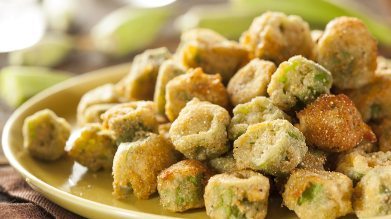 sliced fried okra on plate