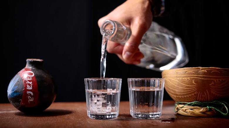 Mezcal poured into shot glasses