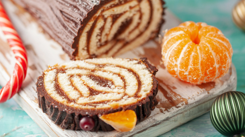 Sliced yule log cake