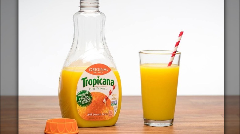 Tropicana orange juice on table