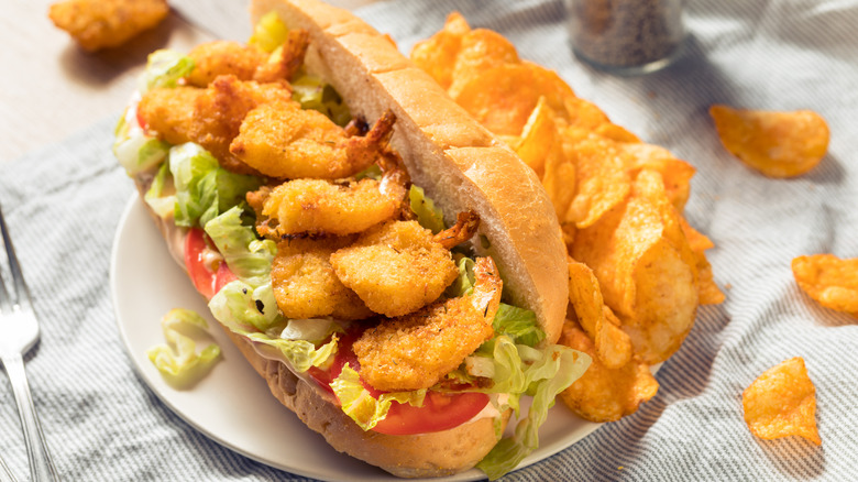 Open shrimp po' boy sandwich