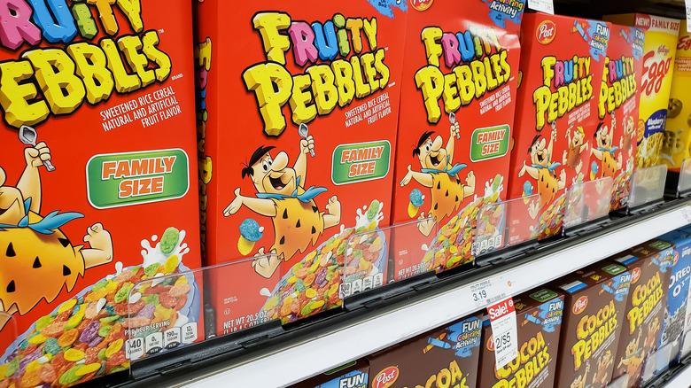 Fruity pebbles and cocoa pebbles on grocery shelf