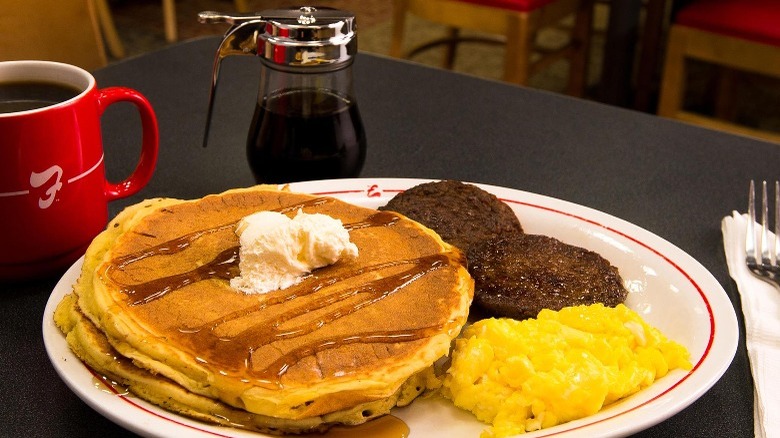 breakfast plate, coffee, and syrup