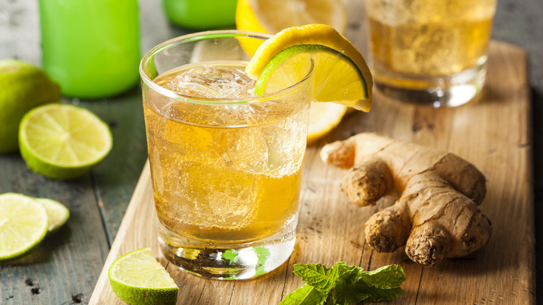 Glass of ginger ale on ice with slices of lemon and lime.