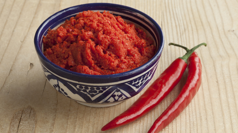 Bowl of harissa with chiles