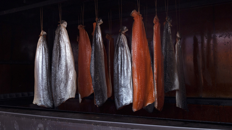 Salmon in a smokehouse