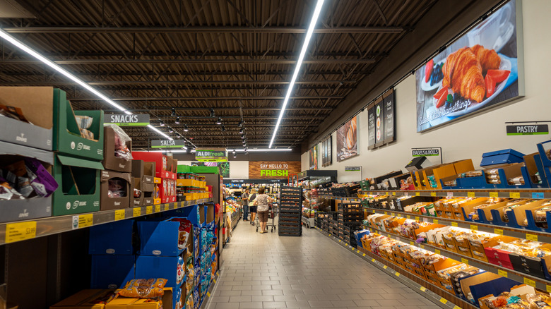 Various packaged bread and bakery goods on an Aldi shelves