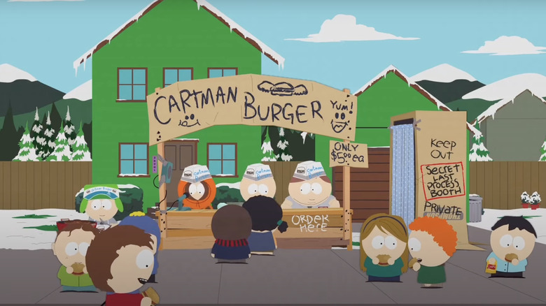 Cartman selling burgers