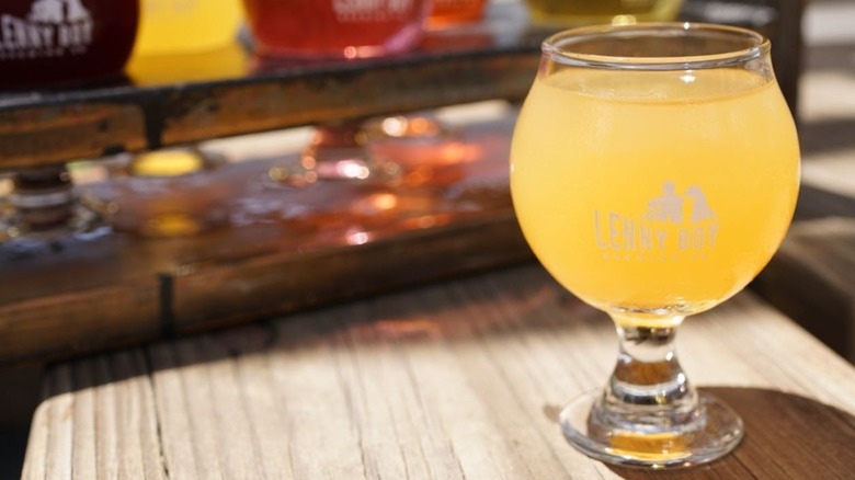 Glasses of IPA on wooden table