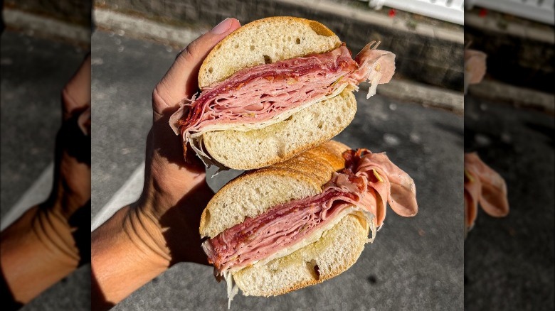 Hand holding a meaty sub