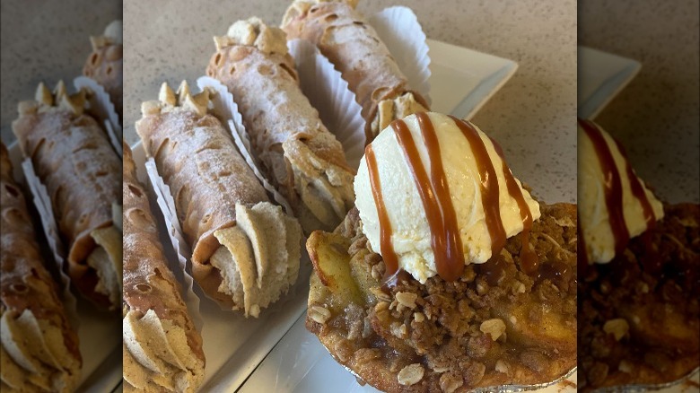 Canolli and caramel-topped dessert