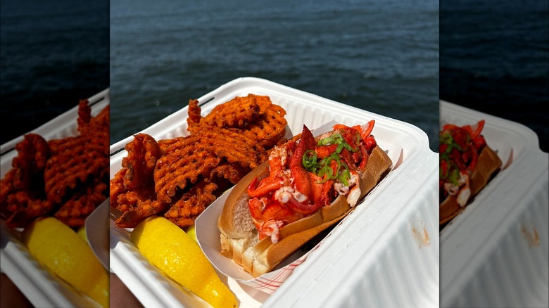 Lobster roll with lemon and waffle fries