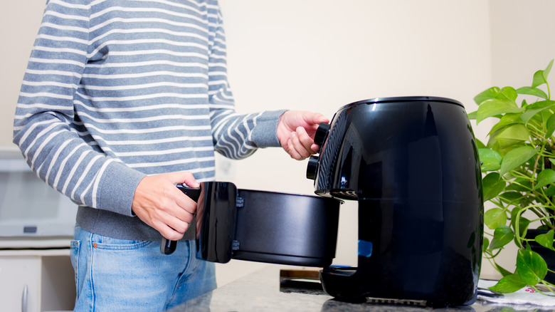 Person holding air fryer basket