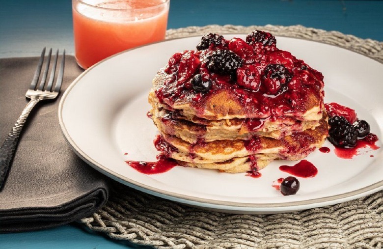 Mixed Berry Pancakes with Honey Berry Topping  