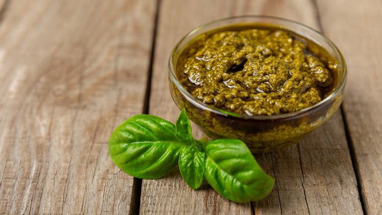 A bowl of basil pesto