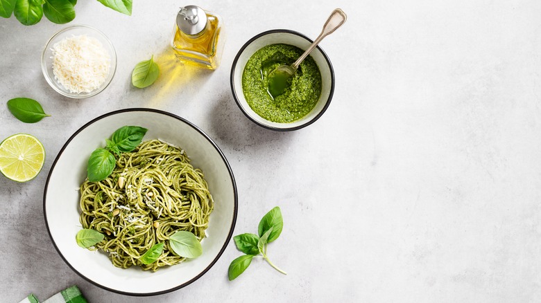 Bowl of spaghetti with pesto