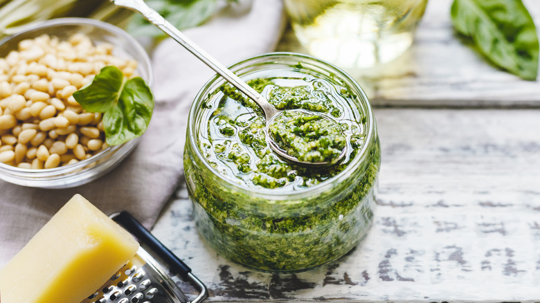 Mason jar of basil pesto