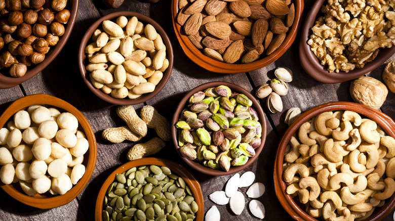 Nuts and seeds in bowls