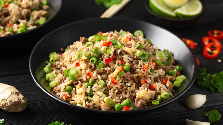 beef fried rice in black bowl