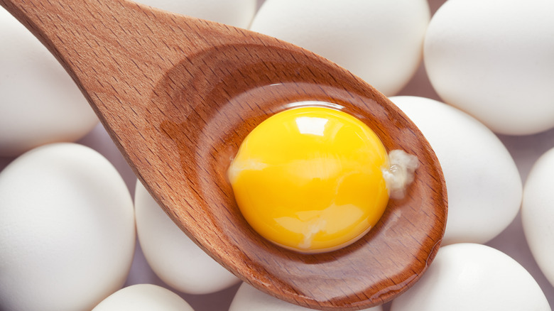 close up of egg yolk in wooden spoon