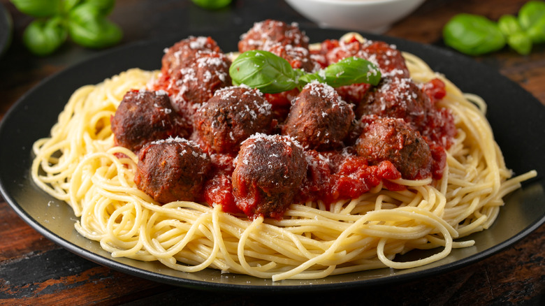 Spaghetti and meatballs on plate