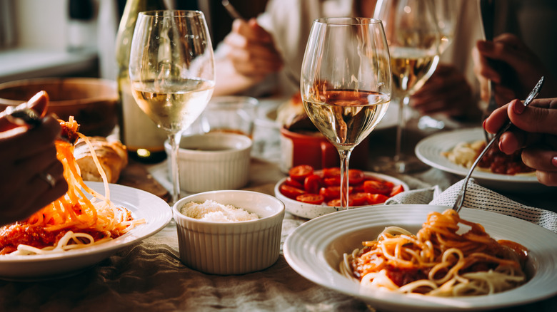 White wine with various pasta dishes